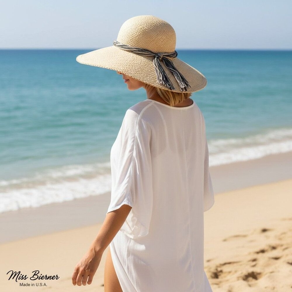 Miss Bierner Vintage Wide Brim Straw Hat With Twisted Ribbon Tie Made In USA